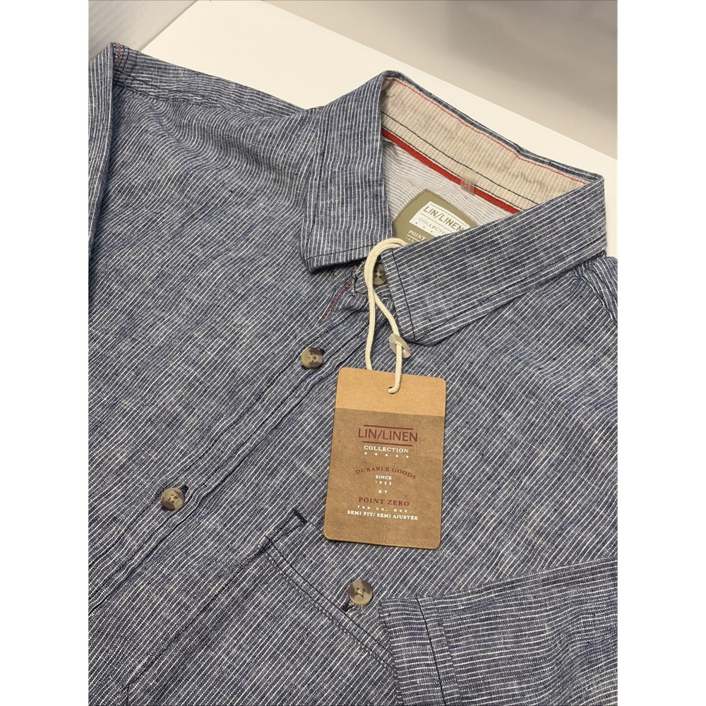 NWT Point Zero Men's Large Linen Short Sleeve Casual Shirt Blue White Striped